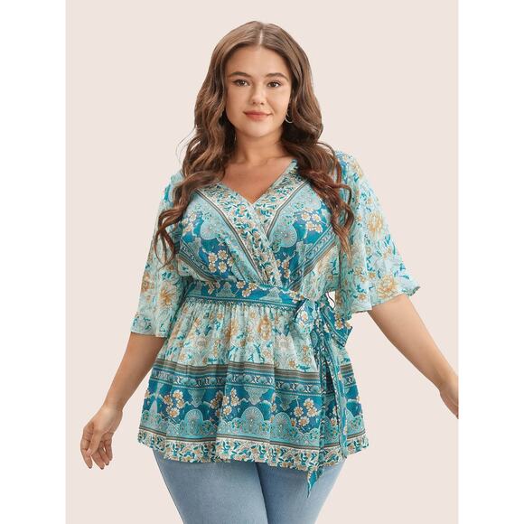 Plus Size 22 24 3X Bloomchic Boho Floral Ruffle Sleeve Belted V-Neck Blouse - Picture 1 of 5